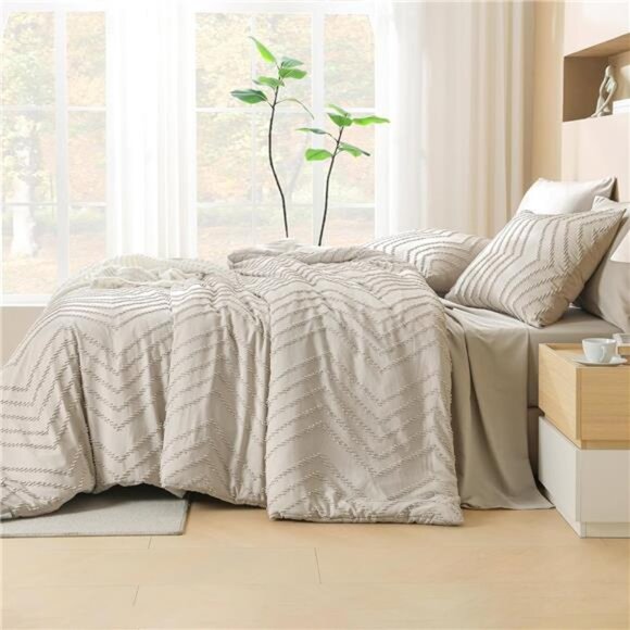 King Size Comforter Set with Sheets Beige-7 Pieces Bed in a Bag King Tufted Boho - Picture 4 of 8